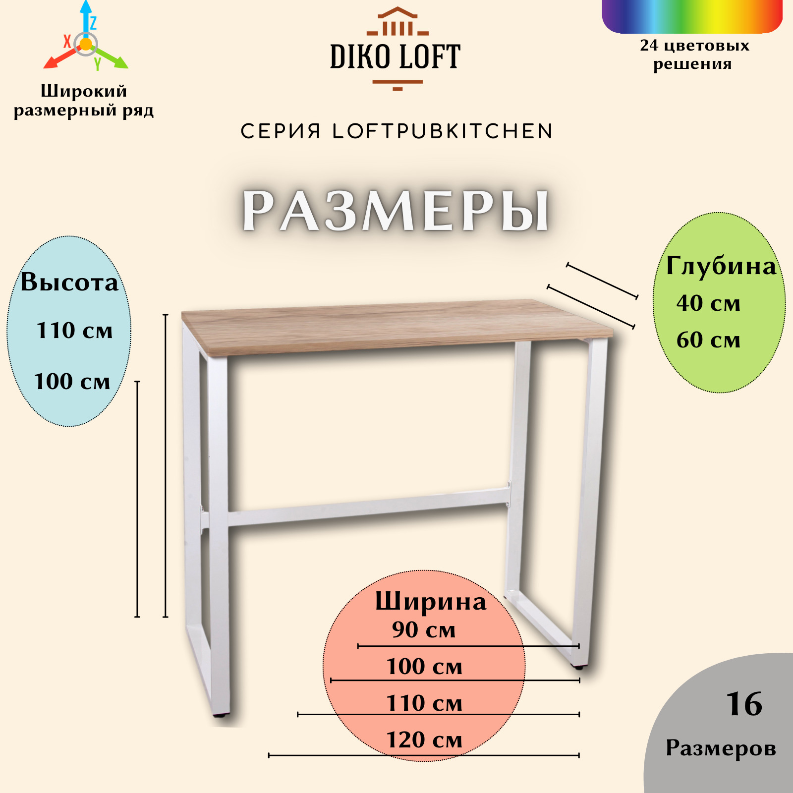 Стол барный LoftPubKitchen, размер 90х40х100 см, цвет ателье темный, цвет ножек черный