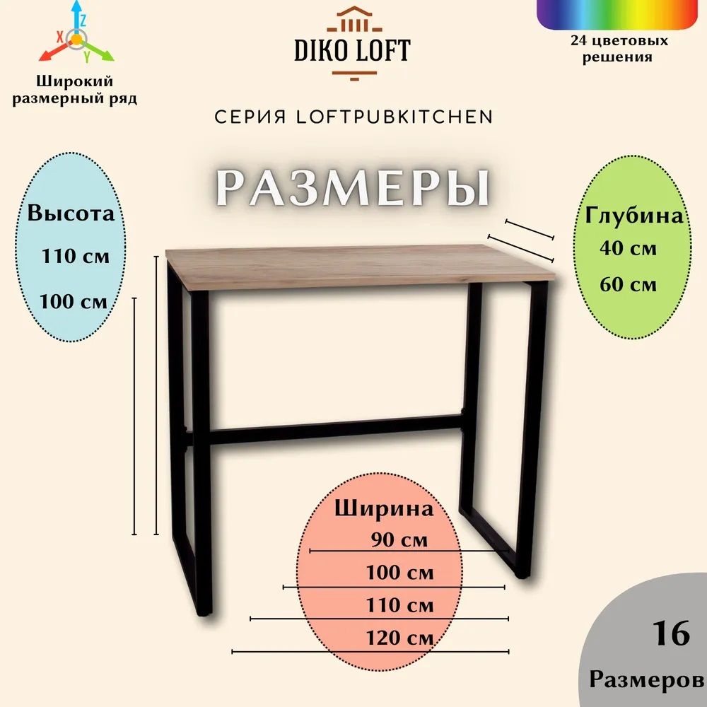 Стол барный LoftPubKitchen, размер 110х60х100 см, цвет дуб сонома, цвет ножек белый